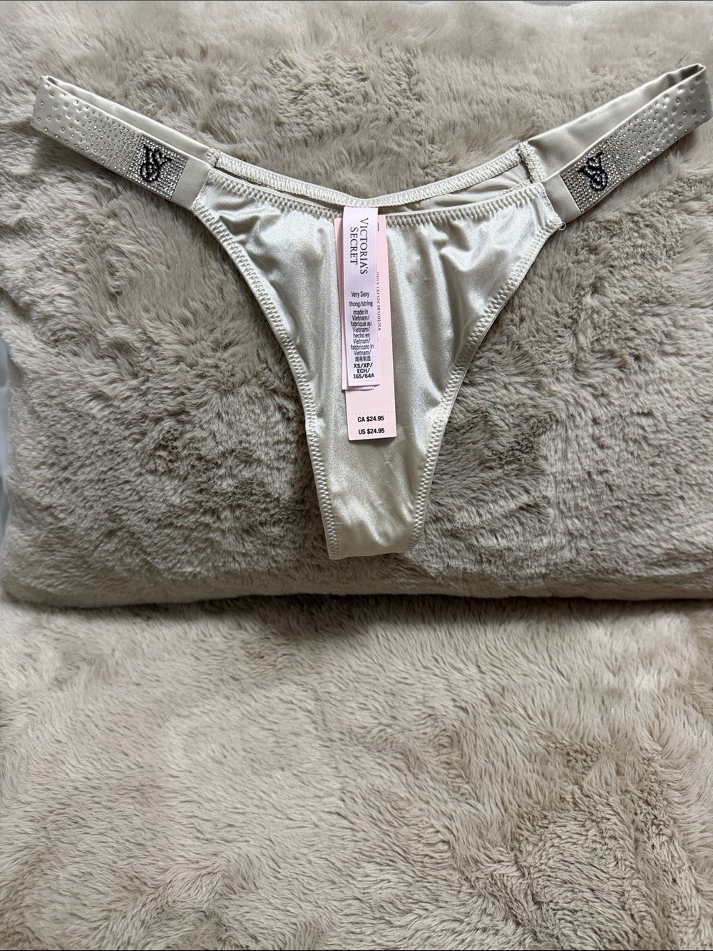Victoria's Secret Pearl White Shimmer Thong with Embellished Elastic